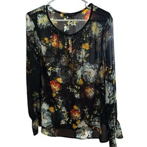 Zac and Rachel XL Top Floral Sheer Lite Wgt Shell Blouse Keyhole Neck Long Slv